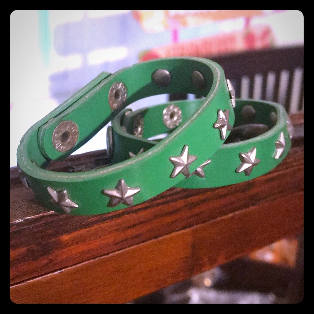 Set of two green star studded leather bracelets